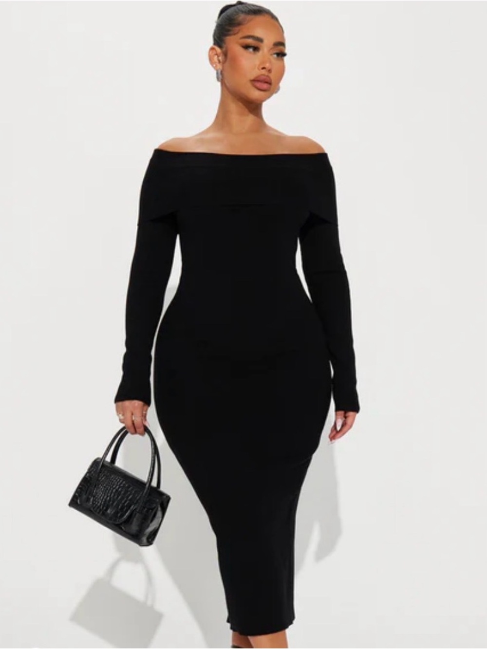 Fashion Nova Off-the-Shoulder Black Bodycon Midi Dress